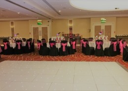 White LED Dancefloor Black Chair Cover Pink Sash Marriott Portsmouth