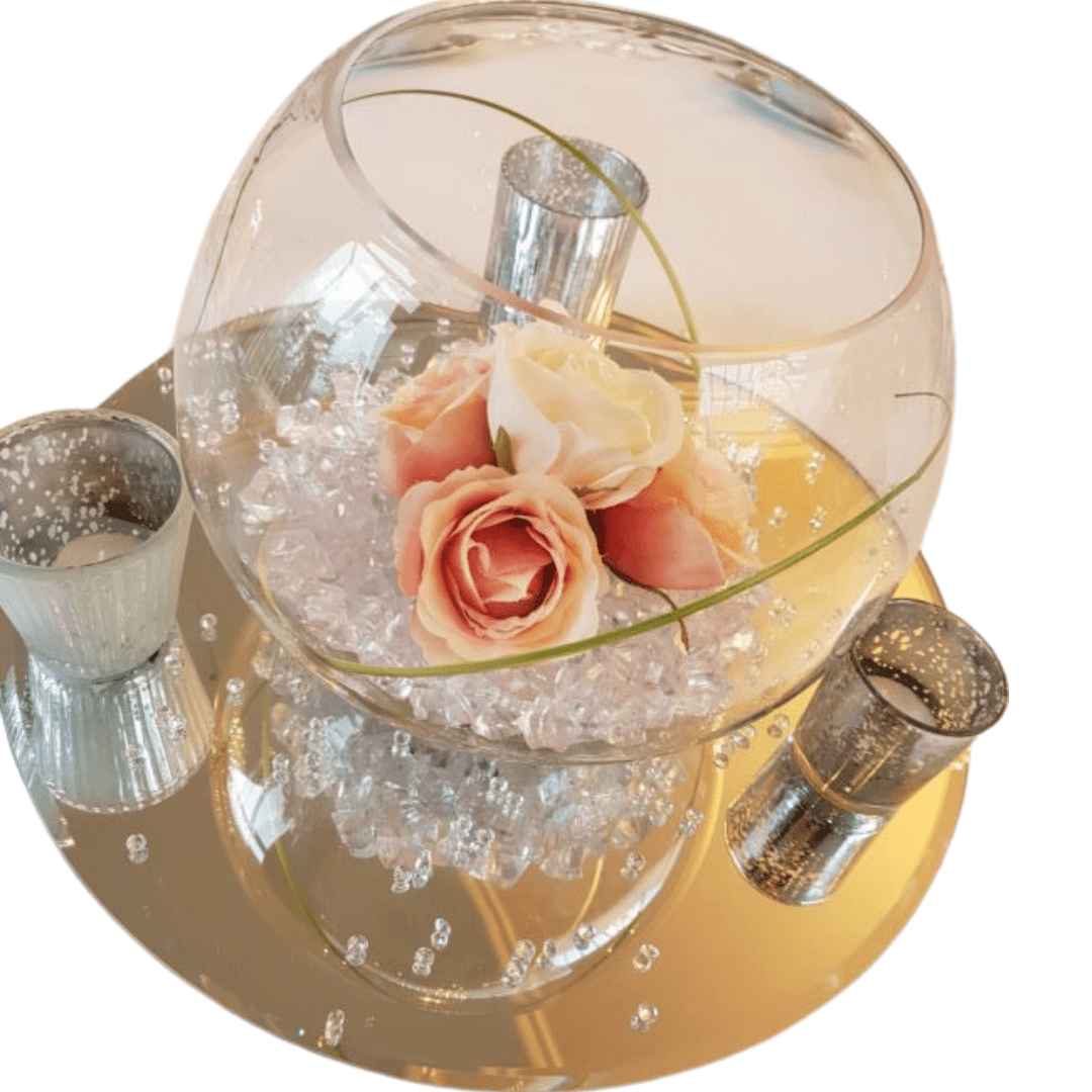 Goldfish Bowl with Artificial Floral Posy Within and ,Mirror Plate