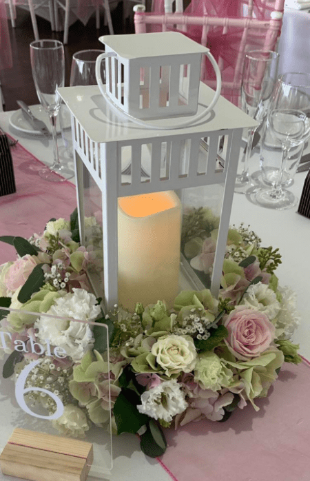 Black, White or Silver Lantern , with a Pillar Candle and Artificial Eucalyptus Wreath