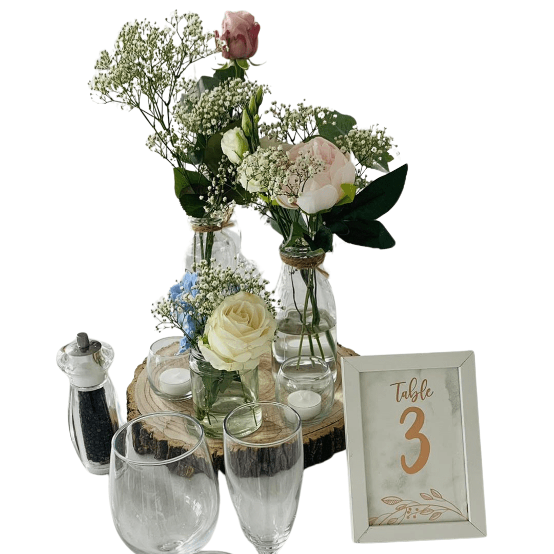 Trio of Jars and Tea Lights with Log Slice and Artificial Flowers